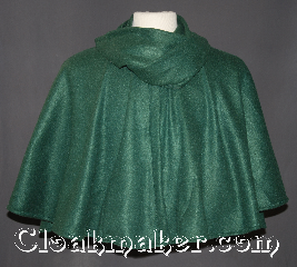 Cloak:3142, Cloak Style:Collared short cloak<br>with built in scarf, Cloak Color:Green, Fiber / Weave:100% Polyester, Cloak Clasp:Black snaps Scarf, Hood Lining:N/A, Back Length:21", Neck Length:24", Seasons:Fall, Spring, Note:This new unique designed<br>short collared cloak<br>is made from polyester fleece.<br>Featuring built in scarf for added warmth<br>that can be styled in many different ways.<br>Machine washable..