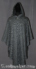Cloak:3170, Cloak Style:Cape / Ruana, Cloak Color:Grey and Black Chevron, Fiber / Weave:Wool Blend, Cloak Clasp:Vale, Hood Lining:N/A<br> Doubled sided fabric with<br> fleece inside, Back Length:45" back<br>30" overarm, Neck Length:22", Seasons:Fall, Spring, Note:Made of a wool blend<br>that feels like fleece. <br>he double textured fabric has a<br>woven black and grey chevron<br>exterior and a cuddly soft interior,<br>great for lounging on the couch<br>or snuggling on outings.<br>The Ruana shape with 30" shortened<br>sides allows easy arm access<br>for everyday activities.<br>The cloak is competed<br>with a silver tone Vale<br>hook and eye clasp.<br> Spot or dry clean only..
