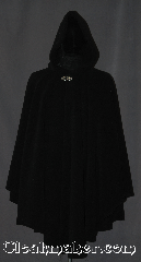 Cloak:3187, Cloak Style:Ruana, Cloak Color:Black, Fiber / Weave:Fleece, Cloak Clasp:Vale, Hood Lining:Unlined, Back Length:43"<br>36" overarm, Neck Length:25", Seasons:Fall, Spring, Note:Made of a plush cuddly fleece, great for lounging on the couch or snuggling on outings. <br>The Ruana shape with 36" shortened<br>sides allows easy arm access for<br>everyday activities.  The cloak is competed<br>with a silver tone Vale hook and eye clasp.<br> Made with fleece that is machine washable durible and long lasting..
