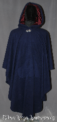 Cloak:3198, Cloak Style:Ruana With pockets, Cloak Color:Dark Blue, Fiber / Weave:80% Wool, 20% Nylon, Cloak Clasp:Vale, Hood Lining:Burgundy Silk Velvet, Back Length:47" Back<br>29" overarm, Neck Length:23", Seasons:Fall, Spring, Southern Winter, Note:A classic blue wool ruana cloak<br>is the perfect accessory for<br>any cool weather event.<br>Made of a wool blend with front<br>pockets and a romantic styled<br>hood lined in a soft burgundy velvet<br>for added warmth.<br>This ruana makes a great driving cloak<br>with shorter sides for<br>easy arm mobility.<br>Spot or dry clean only..