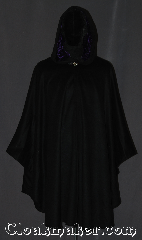 Cloak:3212, Cloak Style:Ruana, Cloak Color:Black, Fiber / Weave:Wool 50/50 Cashmere Blend, Cloak Clasp:Vale, Hood Lining:Purple rayon acetate velvet, Back Length:42"<br>Overarm 29", Neck Length:21", Seasons:Southern Winter, Fall, Spring, Note:A mid weight soft black wool cashmere<br>ruana cloak you would love to snuggle.<br> Accented with a hood lined in<br>purple velvet for extra warmth<br>and stability with a classic vale<br>clasp hook and eye closure.<br>Makes a great driving cloak<br>with shorter sides and  less bulk<br>for easy arm mobility.<br>Spot dry clean only..