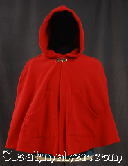 Cloak:3215, Cloak Style:Petite Shaped Shoulder Cloak short with arm slits, Cloak Color:Red, Fiber / Weave:WindPro Fleece, Cloak Clasp:Vale, Hood Lining:Unlined faux shearling<br>interior double sided fabric, Back Length:27", Neck Length:20", Seasons:Fall, Spring, Winter, Note:A classic petite/youth red windpro<br>short shape shoulder cloak<br>that will keep you warm<br>and dry on chilly nights.<br>This soft and cuddly cloak has<br> two front pockets,<br>an interior faux shearling texture<br>for extra comfort,<br>and a water resistant outer layer<br>to keep your dry during light rain/snow.<br>The silver-tone vale clasp is the final<br>touch on this functional and elegant cloak.<br>Machine washable DO NOT DRY CLEAN..
