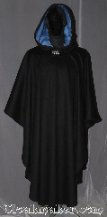 Cloak:3235, Cloak Style:Ruana Pullover Cloak, Cloak Color:Black, Fiber / Weave:100% Wool, Cloak Clasp:Vale, Hood Lining:Periwinkle Moleskin, Back Length:49" back<br>28" overarm, Neck Length:24", Seasons:Winter, Southern Winter, Fall, Note:This black pullover ruana cloak with a<br>periwinkle moleskin lining.<br>Made of mid-weight with shortened<br>sides allowing for a a wide range<br>of movement with no drafts.<br>Perfect for driving on cold winter days.<br>Accented with a Silver tone<br>vale hook-and-eye clasp.<br>Dry Clean only..