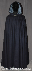 Cloak:3259, Cloak Style:Full Circle Cloak, Cloak Color:Navy Blue, Fiber / Weave:100% Wool Twill,, Cloak Clasp:Vale, Hood Lining:Steel blue/ grey cotton velveteen, Back Length:55", Neck Length:22", Seasons:Fall, Spring, Note:A classic navy blue full circle cloak<br>with a steel blue cotton velveteen<br>lined hood creates a<br>lovely monochrome ensemble.<br>Perfect for fall outings.<br>Spot or dryclean only..