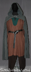 Cloak:3282, Cloak Style:Half Circle, Cloak Color:Olive Green/ Grey, Fiber / Weave:Poly Rayon Blend, Cloak Clasp:Two Shank Button, Hood Lining:Unlined, Back Length:49", Neck Length:20", Seasons:Summer, Fall, Spring, Note:An open-front cloak perfect <br>for displaying armor<br>or a creative costume.<br>Made with a grey green<br>poly rayon blend fabric and<br>double pewter filigrees buttons.<br>Machine washable<br>Pictured with Tunic J504<br>Pants T207 and Belt BTR0001BZ<br>All sold separately.