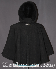 Cloak:3286, Cloak Style:Full Circle Short Cloak<br>waterproof, Cloak Color:Black, Fiber / Weave:100% polyester Double Layer fleece<br>with waterproof exterior, Cloak Clasp:Vale, Hood Lining:Self-lining, sherpa texture, Back Length:27", Neck Length:22", Seasons:Winter, Southern Winter, Fall, Spring, Note:Rain/water repellant<br>sherpa fleece interior!<br>This warm short full circle<br>fleece cloak is perfect for<br>young and old.<br>Short for children at play<br>and adults who need to<br>run a few errands.<br>Machine washable..