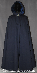 Cloak:3291, Cloak Style:Shaped Shoulder Cloak<br>with arm slits waterproof, Cloak Color:Navy Blue, Fiber / Weave:Raincoat Fabric<br>Coated Cotton Twill, Cloak Clasp:Triple Medallion, Hood Lining:Blue Cotton Velveteen, Back Length:57", Neck Length:22", Seasons:Southern Winter, Fall, Spring, Winter, Note:A heavy duty shape shoulder rain cloak<br>can stand up to most new england weather.<br>Designed with protected arm slits for ease<br>of arm use while battling a windy wet day.<br>Adorned with a pewter<br>triple medallion clasp<br>and warm blue velveteen  hood lining<br>you will look great while<br>staying warm and dry.