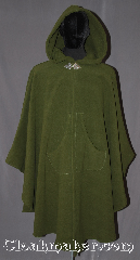 Cloak:3305, Cloak Style:Shaped Shoulder Ruana with pockets, Cloak Color:Olive Green, Fiber / Weave:100% Polyester Fleece, Cloak Clasp:Triple Medallion, Hood Lining:Self-lining, sherpa texture, Back Length:43"<br>28" overarm, Neck Length:22", Seasons:Winter, Southern Winter, Fall, Spring, Note:Warm functional and water resistant<br>this olive green ruana has a self-lining,<br>sherpa texture with front pockets<br>for warm hands or small items.<br>A cross between a cape and a cloak,<br>a ruana is a great way to keep warm<br>while frequent, unhindered use of<br>your arms is needed.<br>Ruanas make great driving cloaks!<br>Machine washable..