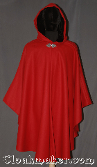 Cloak:3316, Cloak Style:Shaped Shoulder Ruana Cloak, Cloak Color:Red, Fiber / Weave:100% Wool, Cloak Clasp:Vale, Hood Lining:Black Silk Velvet, Back Length:42" long<br>Overarm 33", Neck Length:23", Seasons:Fall, Spring, Note:Fantasy Red Riding Hood shape shoulder ruana cloak<br>made of a soft bright red 100% wool<br>with a black silk velvet hood lining<br>  and triple medallion pewter clasp<br>An elegant cross between a cape and a cloak,<br>a ruana is a great way to keep warm<br>while frequent, unhindered use of<br>your arms is needed.<br>Ruanas make great driving cloaks!<br>Spot or dry clean only..
