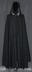 Cloak:3328, Cloak Style:Full Circle Cloak, Cloak Color:Heathered Black outside<br>Heathered Grey inside, Fiber / Weave:80% Wool / 20% Broken<br>Twill Weave Wool, Cloak Clasp:Vale, Hood Lining:Unlined light grey interior, Back Length:56", Neck Length:21", Seasons:Fall, Spring, Note:Made of a two tone broken twill weave<br>with and elegant drape with a dark<br>grey exterior and light grey interior.<br>Adorned with a vale<br>hook and eye clasp.<br>Dry clean only..