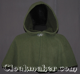 Cloak:3351, Cloak Style:Shaped Shoulder-Short, Cloak Color:Soft olive, Fiber / Weave:WindPro Fleece sherpa interior, Cloak Clasp:Vale, Hood Lining:Self-lining, sherpa texture, Back Length:16", Neck Length:21", Seasons:Winter, Southern Winter, Fall, Spring, Note:This water resistant olive short<br>shape shoulder fleece cloak is great<br>for children and adults<br>who enjoy outdoor activities.<br>With a soft matching sherpa fleece<br>inner texture this cloak will keep you<br>warm and protected from most weather.<br>Machine washable tumble dry hang..