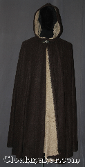 Cloak:3371, Cloak Style:Full Circle Cloak, Cloak Color:Brown, Taupe, Fiber / Weave:100% Polyester Fleece, Cloak Clasp:Vale, Hood Lining:Unlined taupe shearling interior<br>double sided fabric, Back Length:45", Neck Length:20", Seasons:Fall, Spring, Note:Warm and soft this fleece cloak<br>is dark brown with a lovely taupe<br>shearling interior with a<br>silvertone vale hook and eye clasp<br>Machine washable.