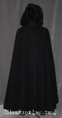 Cloak:3394, Cloak Style:Full Circle Cloak, Cloak Color:Ink Black, Fiber / Weave:100% Wool, Cloak Clasp:Pick your own [additional cost]<br>Heavy duty required<br>No charge to attach clasp, Hood Lining:Black Velvet, Back Length:54.5", Neck Length:20", Seasons:Winter, Southern Winter, Fall, Spring, Note:Warm and weighty this ink black 100% wool<br>full circle cloak is  warm enough for<br>the coldest winters with a silky soft<br>black velvet hood lining.<br>A heavy duty clasp is highly recommended<br>for a cloak of this density<br>Clasp NOT included in price<br>but will be attached at no charge<br>Comforting for cold New England winters<br>Spot or dry clean only..