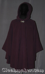 Cloak:3449, Cloak Style:Ruana Shaped Shoulder Cloak, Cloak Color:Plum Purple, Fiber / Weave:WindPro Fleece, Cloak Clasp:Triple Medallion, Hood Lining:Unlined faux shearling<br>interior double sided fabric, Back Length:41" back<br>30" overarm, Neck Length:21", Seasons:Winter, Southern Winter, Fall, Spring, Note:A regal plumb windpro ruana cloak<br>will keep you warm and dry<br>on chilly nights.<br>A cross between a cape and a cloak,<br>a ruana is a great way to keep warm<br>while frequent, unhindered use of<br>your arms is needed.<br>With an overarm of 30" this cloak<br>has less bulk than a<br>traditional Ruana and<br>makes a great driving cloak!<br>The soft and cuddly interior<br>is a faux shearling texture for<br>extra comfort and a water resistant<br>outer layer to keep you dry<br>during light rain/snow.<br>The silver-tone triple medallion clasp<br>is the final touch on this<br>functional and elegant cloak.<br>Machine washable<br>DO NOT DRY CLEAN..