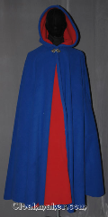 Cloak:3459, Cloak Style:Full Circle Cloak, Cloak Color:True blue and red, Fiber / Weave:Fleece two layers of 200 weight, Cloak Clasp:Triple Medallion, Hood Lining:Unlined red interior<br>double sided fabric, Back Length:49", Neck Length:20", Seasons:Southern Winter, Fall, Spring, Note:Cheer on your favorite sports teams<br>while staying warm on the sidelines.<br>Made of a layered fleece with<br>a blue exterior and red interior.<br>Machine washable<br>Can be warn over football pads<br>and hemmed to height..