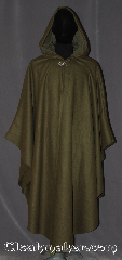 Cloak:3565, Cloak Style:Cape / Ruana, Shaped Shoulder Cloak, Cloak Color:Olive Green, Fiber / Weave:80% Wool<br>20% Nylon, Cloak Clasp:Vale, Hood Lining:Matching Green Moleskin, Back Length:49.5" back<br>27.5" side, Neck Length:23", Seasons:Fall, Spring, Southern Winter, Note:Mid-weight, felted wool blend has a smooth feel.<br>Our olive green shape shoulder ruana<br>is a cross between a cape and a cloak<br>with less bulk, and a great way<br>to keep warm while frequent,<br>unhindered use of your arms is needed.<br>Made of a soft soft? felted wool blend <br>with a grosgrain interior edging.<br>The closure is a classic<br>Vale hook and eye clasp<br>Ruanas make great driving cloaks!<br>Can be hemmed to height.<br>Spot or dry clean only..