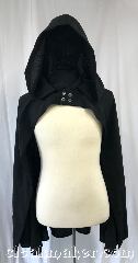 Cloak:3584, Cloak Style:Half Circle, Cloak Color:Black, Fiber / Weave:100% Wool, Cloak Clasp:Buttons, Hood Lining:Unlined, Back Length:35", Neck Length:24", Seasons:Spring, Fall, Note:A light weight Hobbit cloak,<br>or knight's cloak, designed to<br>show-off what's underneath,<br>whether that be a suit of armor<br>or a beautiful gown..