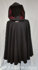 Cloak:3619, Cloak Style:Full Circle Cloak, Cloak Color:Black, Fiber / Weave:80% wool,<br> 20% nylon, Cloak Clasp:Vale, Hood Lining:Very dark Red, Back Length:38", Neck Length:21", Seasons:Southern Winter, Spring, Fall, Note:Dark herringbone weave wool fabric<br>gives this cloak a handmade finish,<br>while the very dark red of the<br>hood lining lends a dramatic flair.<br>Hiking the moors or hopping<br>subway cars, you'll command attention<br>in this beautiful cloak.<br>Dry clean only..