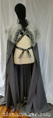 Cloak:3627, Cloak Style:Full Circle Cloak, Cloak Color:Slate Grey, Fiber / Weave:100% Wool and Synthetic Fur, Cloak Clasp:Mongolian Celtic Knot<br>Tibetan pattern<br>Silver/Grey trim ties, Hood Lining:N/A<br>Fur collar, Back Length:59", Neck Length:24", Seasons:Spring, Fall, Note:This half circle cloak is inspired<br>by the Stark family tree.<br>Unisex and versatile, this cloak<br>could be used over tunics, armor<br>or dresses as the perfect finishing touch.<br>It is a striped slate grey color and<br>uses the "Mongolian Celtic Knot,<br>Tibetan patternSilver/Grey" trim<br>as way of closure. Neutral<br>and cold like the unforgiving winter.<br>100% wool with synthetic fur,<br>hand wash and line dry..