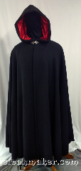 Cloak:3628, Cloak Style:Full Circle Cloak, Cloak Color:Black, Fiber / Weave:100% Wool, Cloak Clasp:Triple Medallion, Hood Lining:Red Polyester Velvet, Back Length:56", Neck Length:23.5", Seasons:Southern Winter, Spring, Fall, Note:This full circle cloak is perfect<br>for adding just a touch of<br>drama and elegance.<br>Made of soft, breathable 100% wool<br>with a bright red polyester moleskin hood<br>lining, and finished with a pewter clasp.<br>Dry clean only..