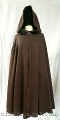 Cloak:3638, Cloak Style:Shaped Shoulder Cloak, Cloak Color:Chocolate, Fiber / Weave:rayon, Cloak Clasp:Vale, Hood Lining:green polyester moleskin, Back Length:43", Neck Length:20", Seasons:Spring, Summer, Fall, Note:This shaped shoulder cloak is a<br>chocolate brown color with a green<br>polyester moleskin hood lining.<br>Hand wash cold, use<br>mild detergent, dry flat.<br>It is marked down because<br>the seams won't lay flat..