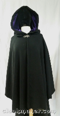 Cloak:3639, Cloak Style:Shaped Shoulder Cloak, Cloak Color:Black, Fiber / Weave:100% wool, Cloak Clasp:Vale, Hood Lining:purple polyester velvet, Back Length:34", Neck Length:20", Seasons:Spring, Summer, Fall, Note:This shaped shoulder ruana style cloak<br>is black with a purple polyester<br>velvet hood lining.<br>Dry clean only..