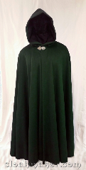 Cloak:3640, Cloak Style:Full Circle Cloak, Cloak Color:Forest Green, Fiber / Weave:80% wool, 20% nylon, Cloak Clasp:Triple Medallion, Hood Lining:black polyester moleskin, Back Length:56", Neck Length:24", Seasons:Winter, Southern Winter, Fall, Spring, Note:A forest green full circle cloak with a<br>black polyester moleskin hood lining.<br>Dry clean only..