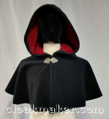 Cloak:3661, Cloak Style:Full Circle Cloak, Cloak Color:Black, Fiber / Weave:Windbloc Fleece<br>from Malden Mills, Cloak Clasp:Triple Medallion, Hood Lining:self lining raspberry, Back Length:16", Neck Length:22", Seasons:Southern Winter, Winter, Note:This black full circle cloak is made from<br>Windbloc Fleece and is self lined<br>with a raspberry color.<br>Wind blocking fleece material,<br>machine wash cold using mild<br>detergent and tumble dry on low..