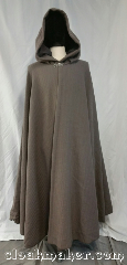 Cloak:3681, Cloak Style:Full Circle Cloak, Cloak Color:Grey Taupe, Fiber / Weave:100% wool, Cloak Clasp:Vale, Hood Lining:Grey taupe moleskin, Back Length:53.5", Neck Length:24", Seasons:Southern Winter, Fall, Spring, Note:This grey taupe, full circle cloak<br>has a vale clasp and a<br>grey taupe moleskin hood lining.<br>Made from washed wool with<br>a novelty weave stripe.<br>Machine wash warm on delicate cycle.<br>Tumble dry on low..
