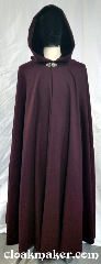 Cloak:3698, Cloak Style:Full Circle Cloak, Cloak Color:Burgundy Wine, Fiber / Weave:100% wool, Cloak Clasp:Vale, Hood Lining:Black silk Velvet, Back Length:55", Neck Length:21", Seasons:Spring, Fall, Southern Winter, Note:A burgundy wine colored<br>full circle cloak with a<br>silvertone vale clasp and a<br>black silk velvet hood lining.<br>100% wool, dry clean only..