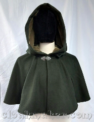 Cloak:3725, Cloak Style:Full Circle Cloak, Cloak Color:Heathered loden green, Fiber / Weave:80% wool, 20% nylon, Cloak Clasp:Vale, Hood Lining:Dusty sage green velveteen, Back Length:18", Neck Length:21", Seasons:Southern Winter, Spring, Fall, Note:Made from a heathered loden green<br>wool blend, spot or dry clean only.<br>This full circle cloak has a hidden<br>inner pocket on either side<br>and a dusty sage green<br>velveteen hood lining and<br>a silvertone vale cloak clasp..