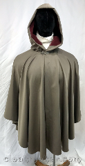 Cloak:3745, Cloak Style:Cape / Ruana, Cloak Color:Taupe, Fiber / Weave:Polyester, Cloak Clasp:Vale, Hood Lining:Dusty Burgundy moleskin, Back Length:42", Neck Length:26", Seasons:Summer, Spring, Fall, Note:Lightweight taupe polyester ruana<br>style cloak with a dusty burgundy<br>moleskin hood lining and<br>silvertone vale clasp..