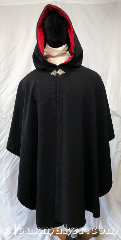 Cloak:3749, Cloak Style:Cape / Ruana, Cloak Color:Black Rustic Twill, Fiber / Weave:100% wool, Cloak Clasp:Triple Medallion, Hood Lining:Crimson red polyester stretch velvet, Back Length:43", Neck Length:26", Seasons:Southern Winter, Spring, Fall, Note:With a woven knit like texture,<br>this black rustic twill ruana<br>style cloak is 100% wool<br>and has a crimson polyester<br>stretch velvet hood lining and<br>a silvertone triple medallion clasp..