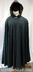 Cloak:3751, Cloak Style:Full Circle Cloak, Cloak Color:Dark Hunter Green, Fiber / Weave:100% camel hair, Cloak Clasp:Vale, Hood Lining:Brown rayon velvet, Back Length:49", Neck Length:22", Seasons:Southern Winter, Spring, Fall, Note:Made from soft 100% camel hair,<br>this dark hunter green<br>full circle cloak has a<br>very soft brown rayon velvet hood<br>liner and a silvertone vale clasp..