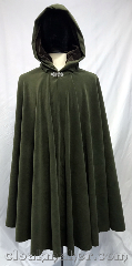 Cloak:3755, Cloak Style:Full Circle Cloak, Cloak Color:Olive green, Fiber / Weave:Polyester, Cloak Clasp:Vale, Hood Lining:Brown velvet, Back Length:41", Neck Length:22", Seasons:Summer, Spring, Fall, Note:An olive green full circle cloak with<br>a dark brown velvet hood lining.