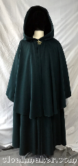 Cloak:3776, Cloak Style:Shaped Shoulder Highwayman's<br>Cloak with Mantle, Cloak Color:Forest Green, Fiber / Weave:80% wool, 20% nylon, Cloak Clasp:Brass plated horse clasp<br>with D-Ring, Hood Lining:Black washed silk velvet, Back Length:53", Neck Length:23", Seasons:Southern Winter, Spring, Fall, Note:A forest green highwayman's cloak<br>which is a ruana style cloak mantle<br>over a shaped shoulder cloak.<br>Made from a wool blend.<br>Adorned with arm slits under<br>the mantle, a black washed<br>silk velvet hood lining and a<br>brass plated horse clasp with d-ring.<br>Dry clean only..