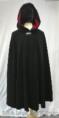 Cloak:3788, Cloak Style:Shaped Shoulder Cloak, Cloak Color:Black, Fiber / Weave:Cotton moleskin, Cloak Clasp:Vale, Hood Lining:Deep red cotton velveteen, Back Length:41.5", Neck Length:25", Seasons:Fall, Spring, Note:This shaped shoulder cloak is made<br>from a thick and soft cotton moleskin,<br>kind of like a shamois skin.<br>It is machine washable,<br>has a silvertone vale clasp<br>and a deep red cotton<br>velveteen hood lining..