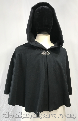 Cloak:3799, Cloak Style:Full Circle Cloak, Cloak Color:Black, Fiber / Weave:Brushed cotton/polyester flannel, Cloak Clasp:Vale, Hood Lining:unlined, Back Length:20", Neck Length:24", Seasons:Fall, Spring, Summer, Note:A short black full circle cloak made from<br>a brushed cotton/polyester flannel material.<br>Perfect for warmer months when it<br>gets chilly in the evenings.<br> Stays closed with a<br>silvertone vale clasp.<br>Machine washable!.