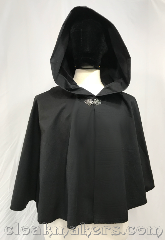 Cloak:3810, Cloak Style:Full Circle Cloak, Cloak Color:Black, Fiber / Weave:Brushed cotton/polyester poplin, Cloak Clasp:Vale, Hood Lining:unlined, Back Length:23", Neck Length:20", Seasons:Fall, Spring, Summer, Note:A short black full circle cloak made<br>from a brushed cotton/polyester<br>poplin material.<br>Perfect for warmer months when it<br>gets chilly in the evenings.<br>Stays closed with a silvertone vale clasp.<br>Machine washable!.