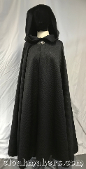 Cloak:3827, Cloak Style:Full Circle Cloak, Cloak Color:Shiny Quilted Black, Fiber / Weave:Synthetic, Cloak Clasp:Vale, Hood Lining:unlined, Back Length:49", Neck Length:21", Seasons:Fall, Spring, Note:This eye-catching shiny black quilted<br>pattern full circe cloak<br>is made from a synthetic material and<br>keeps closed with a silvertone vale clasp.<br>Machine washable!.