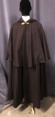 Cloak:3843, Cloak Style:Shaped Shoulder, Cloak Color:Brown, Fiber / Weave:Brown Cotton Twill, Cloak Clasp:Oak - Simple, Hood Lining:Brown Polyester Faux Suede, Back Length:54", Neck Length:23.5", Seasons:Fall, Spring, Southern Winter.