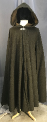 Cloak:3870, Cloak Style:Full Circle Cloak, Ranger, Cloak Color:Heathered Green with tones of Brown, Fiber / Weave:Wool blend, breathable<br>partly felted, Cloak Clasp:Triple Medallion, Hood Lining:Brown Moleskin, Back Length:54", Neck Length:21", Seasons:Southern Winter,
Winter,
Fall,
Spring, Note:Breathable wool blend will take you<br>through many seasons depending<br>on what you layer under it.<br>Expecially suitable for Ranger<br>(don't wear it during hunting season!).