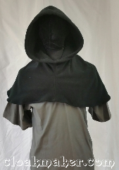 Cloak:H105, Cloak Style:Regular Hood, Cloak Color:Black, Fiber / Weave:Windpro fleece<br>from Malden Mills, Hood Lining:Unlined, Back Length:11", Neck Length:L - neck 26", Seasons:Fall, Winter, Note:This hood is a black fleece.<br>Wash cold and tumble dry.<br>26" neck hole.<br>Pictured on tunic J526<br>Tunic not included..