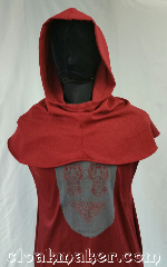 Cloak:H115, Cloak Style:Regular Hood, Cloak Color:Red, Fiber / Weave:Wool blend suiting, Hood Lining:Unlined, Back Length:9", Neck Length:M - neck 24", Seasons:Spring, Fall, Note:This hood is a heathered red<br>with minimal grey.<br>Very vintage holiday.<br>Wool blend suiting, has been treated<br>so that it's a little shinier and<br>softer than regular wool.<br>Dry clean only.<br>24" neck hole.<br>Pictured on tunic J561<br>Tunic not included..