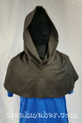 Cloak:H126, Cloak Style:Regular Hood, Cloak Color:Brown, blue, black herringbone, Fiber / Weave:Wool, Hood Lining:Unlined, Back Length:10", Neck Length:L - neck 26", Seasons:Spring, Fall, Note:This hood is a chocolate brown tweeded<br>with robin egg blue and<br>black herringbone print.<br>100% wool, dry clean only.<br>26" neck hole.<br>Pictured on tunic J501<br>Tunic not included..