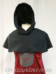 Cloak:H128, Cloak Style:Regular Hood, Cloak Color:Midnight Navy Blue, Fiber / Weave:Wool blend suiting, Hood Lining:Unlined, Back Length:12", Neck Length:L - neck 26", Seasons:Spring, Fall, Summer, Note:This hood is a very dark almost<br>black navy blue.<br>Wool blend suiting, has been<br>treated so that it's a little shinier<br>and softer than regular wool.<br>Machine washable on delicate cycle.<br>26" neck hole.<br>Pictured on tunic J561,<br>tunic not included..