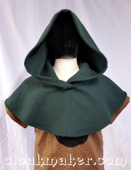 Cloak:H132, Cloak Style:Oversized Hood, Cloak Color:Green, Fiber / Weave:Felted Wool Melton, Hood Lining:Unlined, Back Length:12", Neck Length:L - neck 27", Seasons:Winter, Southern Winter, Fall, Spring, Note:This hood is made from forest green<br>felted wool melton.<br>It has shaped shoulders and<br>has an inspired modern monk look.<br>Dry clean only..