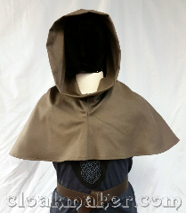 Cloak:H138, Cloak Style:regular, Cloak Color:Warm gray, Fiber / Weave:100% wool, Hood Lining:unlined, Back Length:12.5", Neck Length:M - neck 24", Seasons:Southern Winter, Fall, Spring, Note:This hood is made from a lightweight<br>greyish twill in a wool fabric.<br>Dry clean only. 24" neck hole.<br>Pictured on tunic J576,<br>tunic not included..
