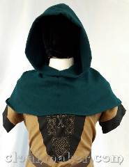 Cloak:H142, Cloak Style:regular, Cloak Color:Robin hood green, Fiber / Weave:Washed wool, Hood Lining:unlined, Back Length:10", Neck Length:S - neck 22", Seasons:Spring, Summer, Note:This hood is made from a washed wool<br>in a robin hood green color.<br>Machine wash cold on a gentle cycle.<br>22" neck hole.<br>Pictured on tunic J575,<br>tunic not included..
