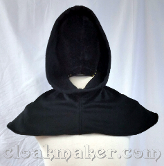Cloak:H148, Cloak Style:Regular Hood, Cloak Color:Black, Fiber / Weave:100% wool, Hood Lining:unlined, Back Length:10", Neck Length:S - neck 21", Seasons:Southern Winter, Fall, Note:This hood is made from black wool,<br>dry clean only. 21" neck hole..
